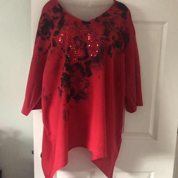 VTG Maggie Barnes Red & Black, Floral & Sequin Decor Blouse Tunic 22/24 WP - Picture 1 of 15